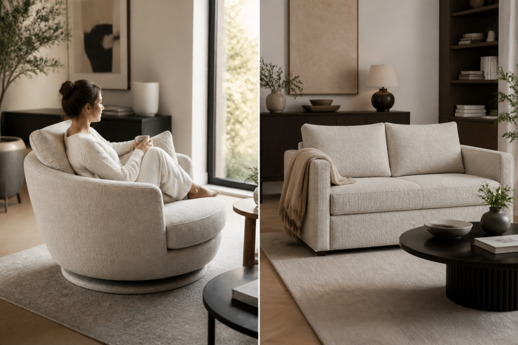 Wat is het verschil tussen een draaiende loveseat en een vaste loveseat voor je interieur? Wat is het verschil tussen een draaiende loveseat en een vaste loveseat voor je interieur?